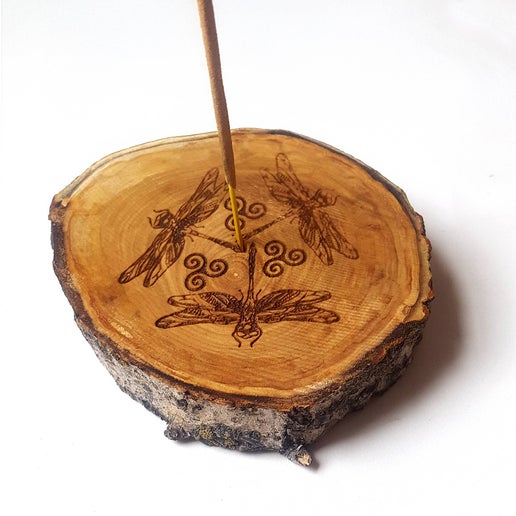 Celtic Dragonfly Wood Incense Stick Holder, Rustic Decor